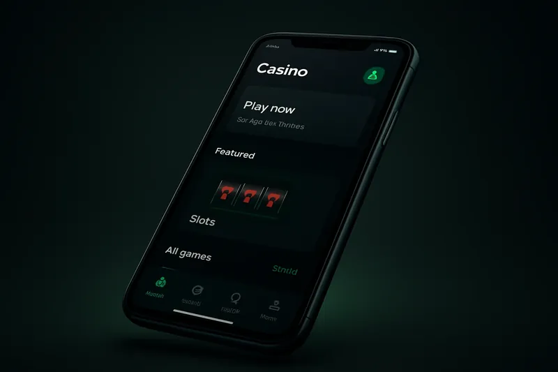 Premium Casino App UI Modern smartphone showcasing dark premium casino app UI with green accents