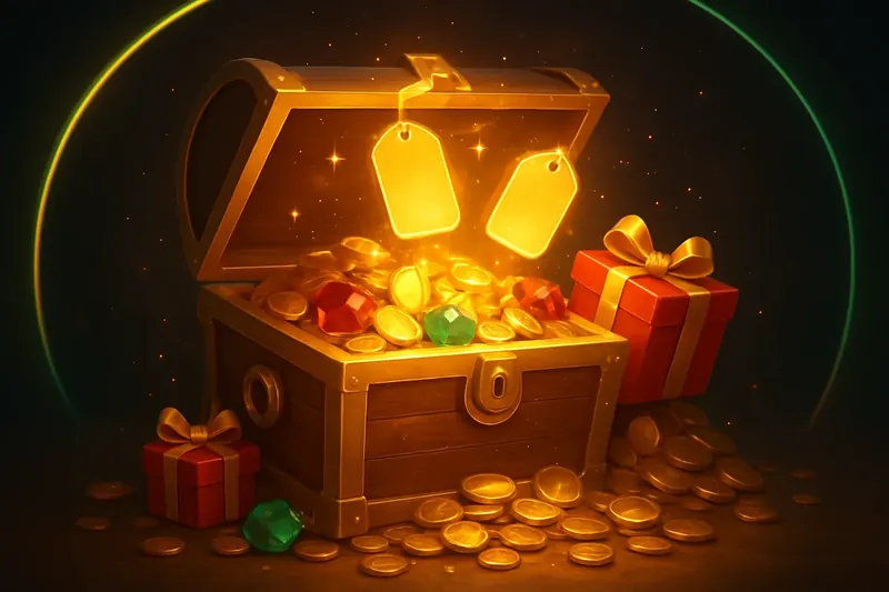 Bonus Treasure Chest Golden treasure chest bursting with coins, gems, gifts, glowing bonus tags