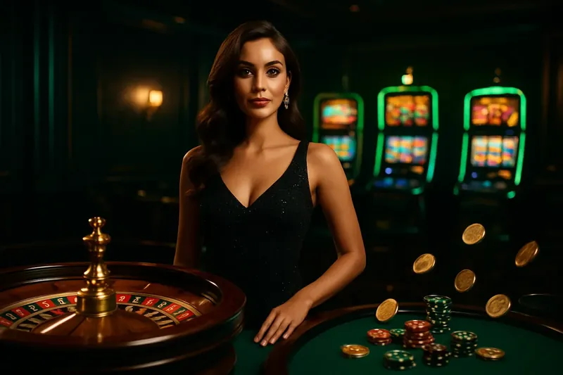 Luxury Casino Banner Confident woman in evening dress with roulette, slots, coins, and chips
