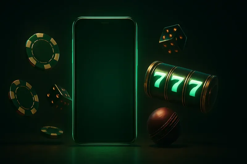 Glowing smartphone with floating casino chips, dice, slot reels, and cricket ball