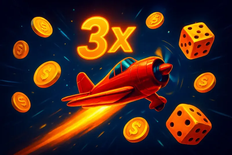 Aviator Crash Game Red airplane soaring with glowing multiplier trail, coins and dice floating