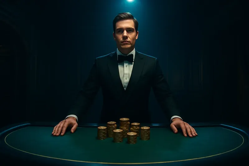 Elegant Live Casino Professional dealer behind green felt table with golden chips under spotlight