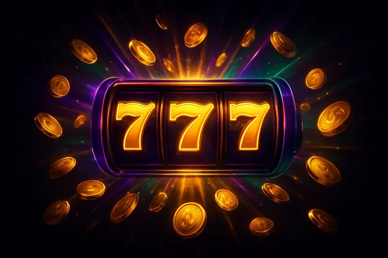 Golden 777 Jackpot Slot machine jackpot with golden 777 symbols, coins, and neon light beams